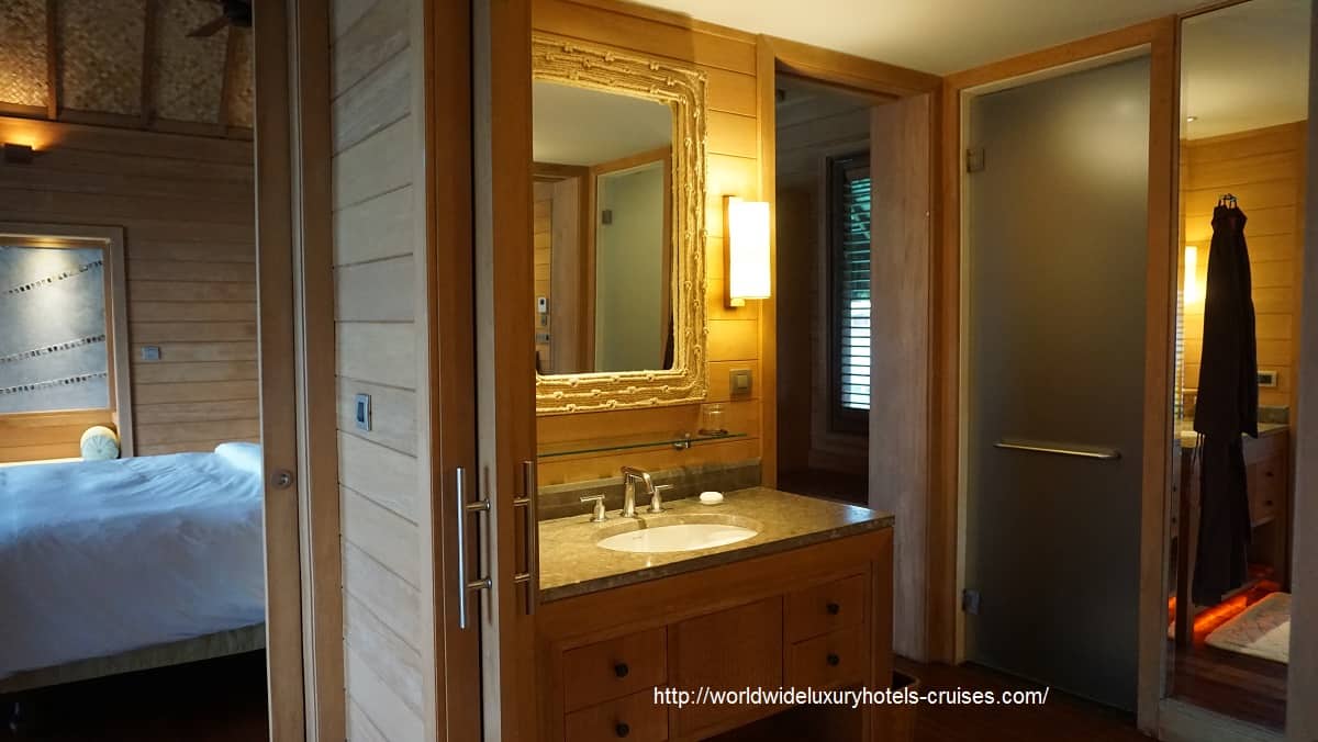 Four Seasons Resort Bora Bora overwater bungalow snorkel room bath bed Tahiti Society Islands Luxury Travel Virtuoso Izumi Ogawa Trip agent vacation advisor Vision French Polynesia Cruise ship boat Bora Bora ocean water sand beach