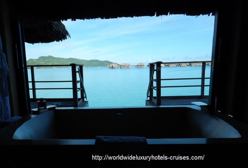 Four Seasons Resort Bora Bora overwater bungalow snorkel room bath bed Tahiti Society Islands Luxury Travel Virtuoso Izumi Ogawa Trip agent vacation advisor Vision French Polynesia Cruise ship boat Bora Bora ocean water sand beach